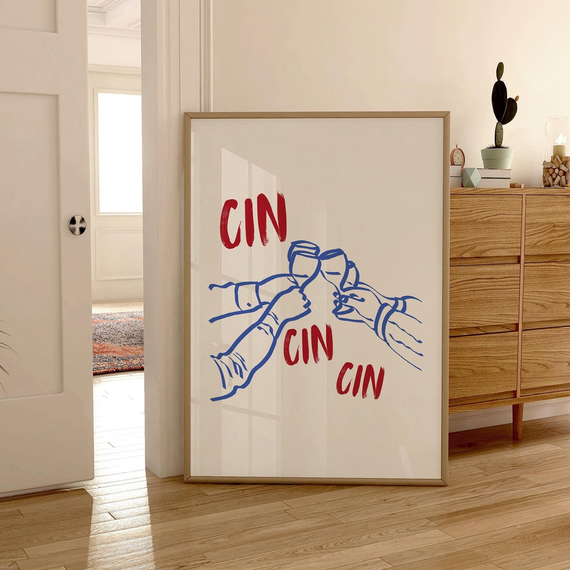 Cin Cin Cheers Clinking Glasses Blue Red Bar Cart Party Poster