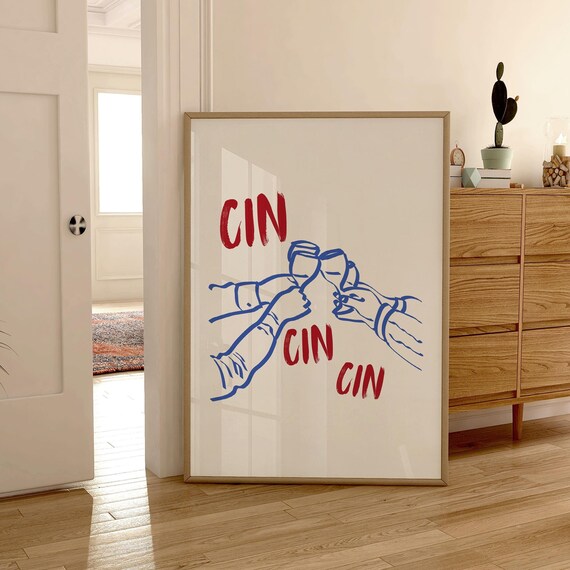 Cin Cin Cheers Clinking Glasses Blue Red Bar Cart Party Poster