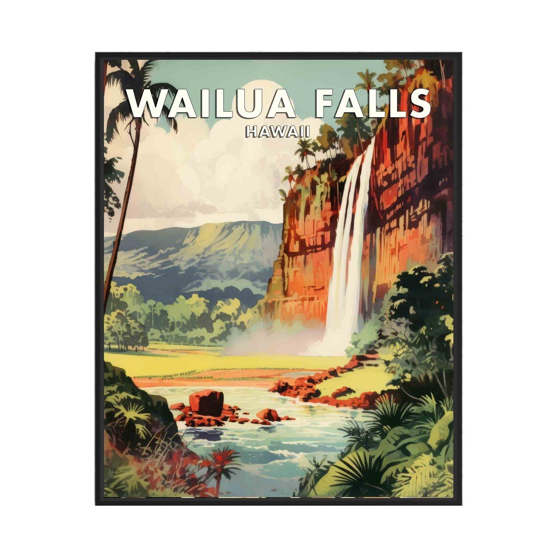 Wailua Falls Hawaii Red Rock Jungle Cascade Vintage Travel Poster