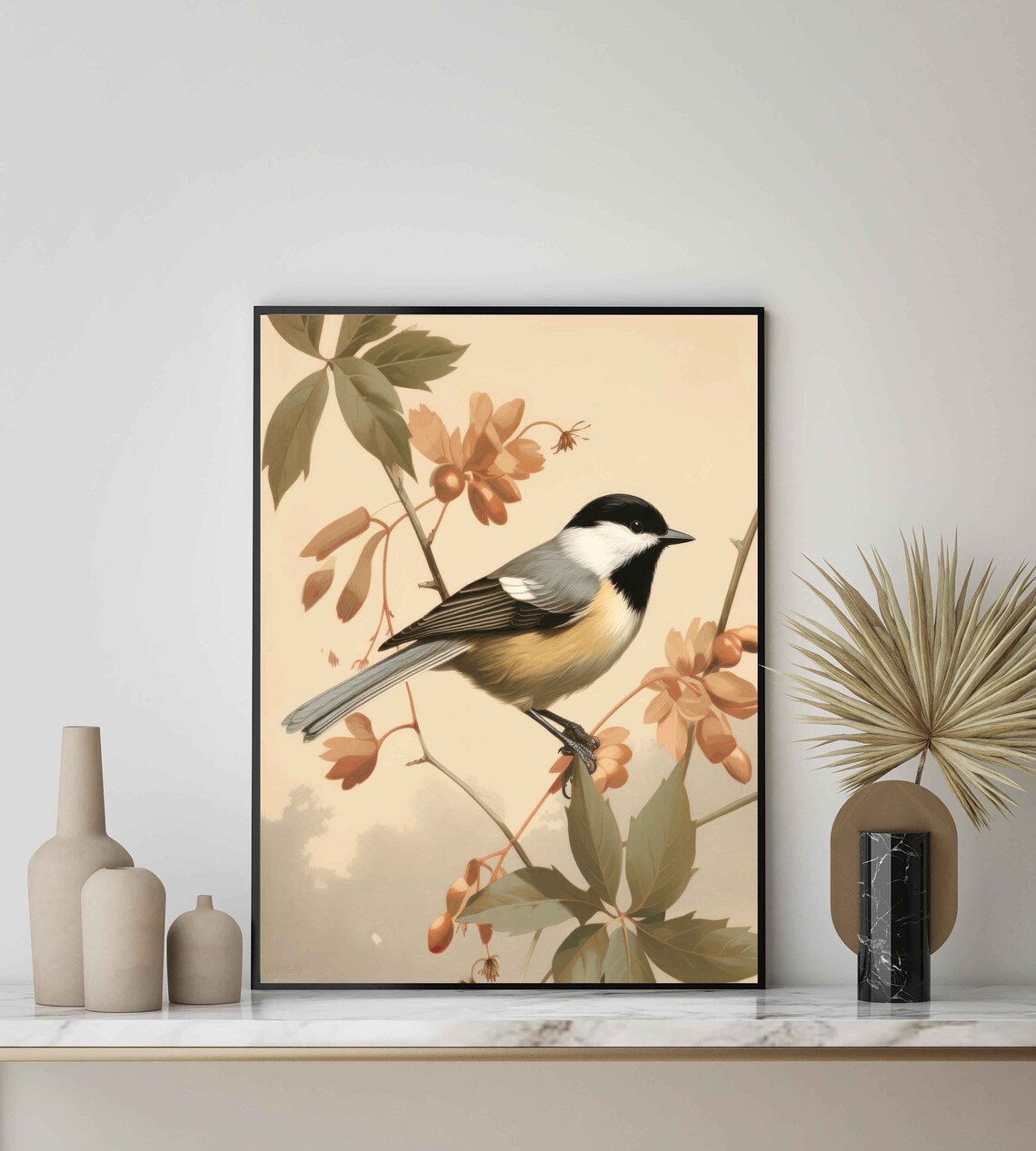 Black Capped Chickadee on Autumn Branch Vintage Ornithology Art Poster - Image 2