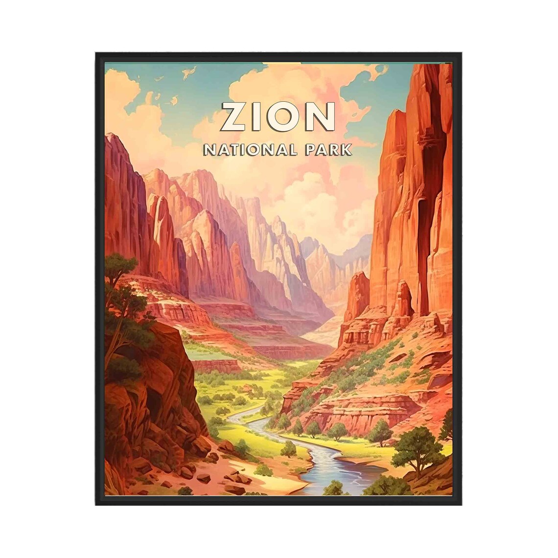 Zion National Park Utah Towering Red Rock Canyon Retro Desert Poster