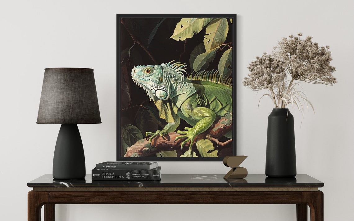 Green Iguana Tropical Lizard Vintage Wildlife Painting Wall Art - Image 3