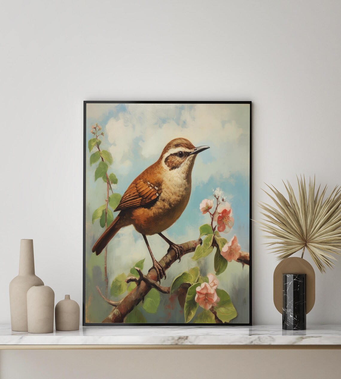 Carolina Wren on Blossoming Branch Vintage Songbird Art Poster - Image 3