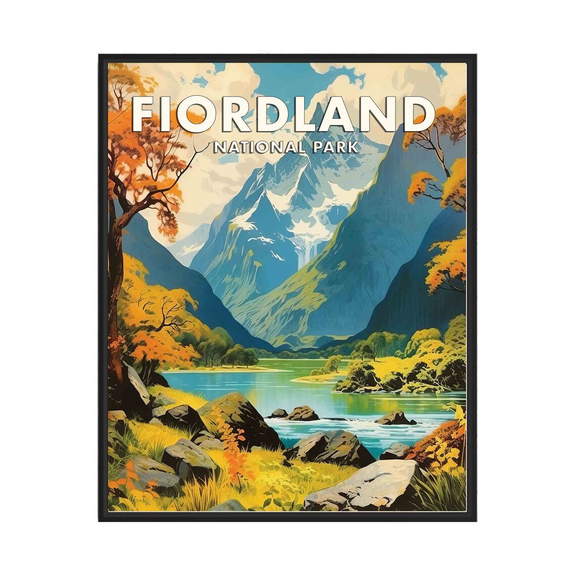 Fiordland National Park Golden Fjord Valley Vintage Travel Poster