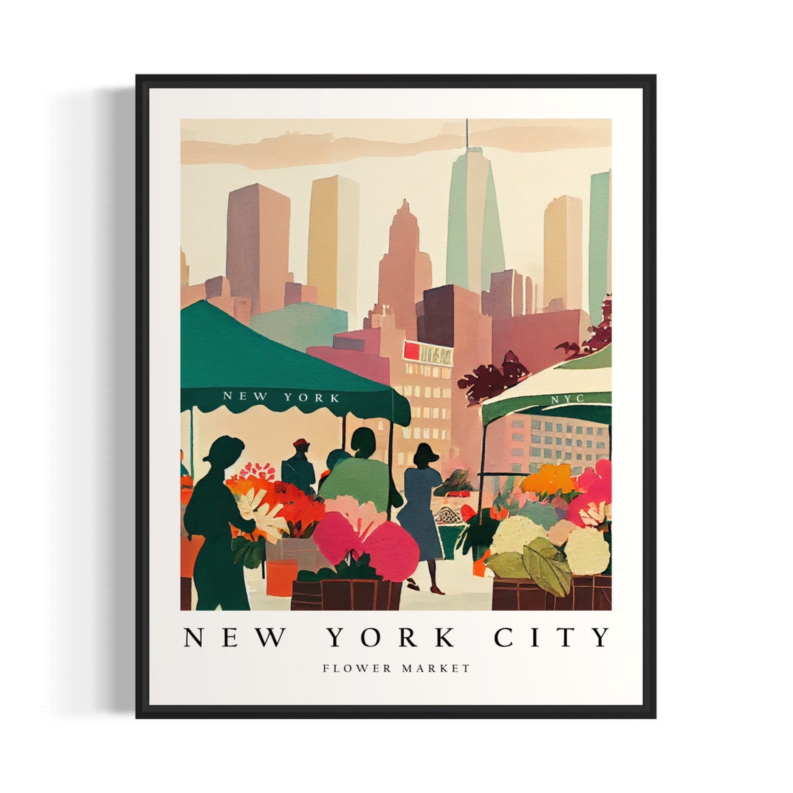 New York City Flower Market Watercolor Painting New York City Botanical Skyline Background Wall Art Poster Print