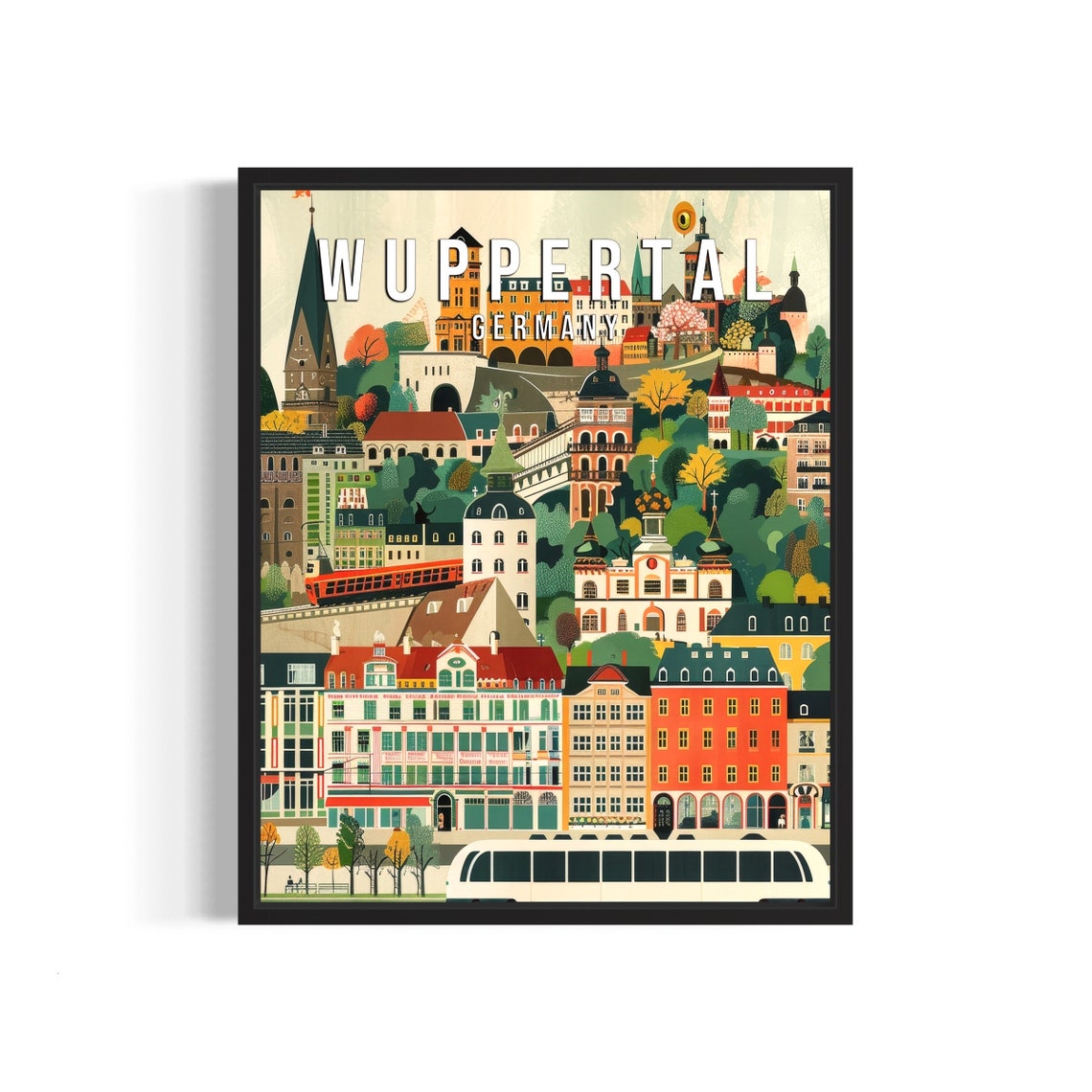 Wuppertal Germany Illustrated Cityscape with Schwebebahn Poster