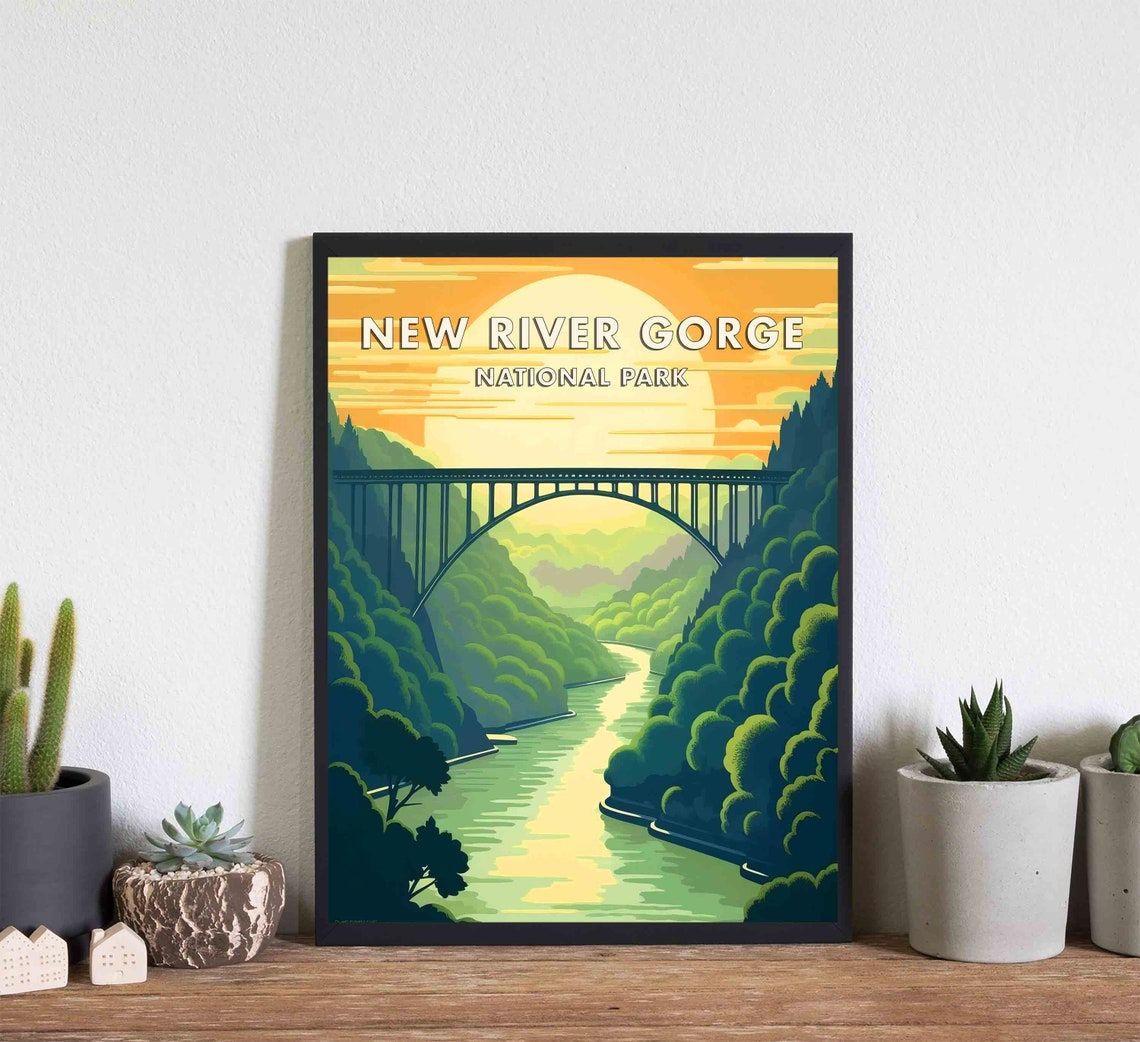 New River Gorge National Park Steel Bridge Sunset Retro Poster - Image 3