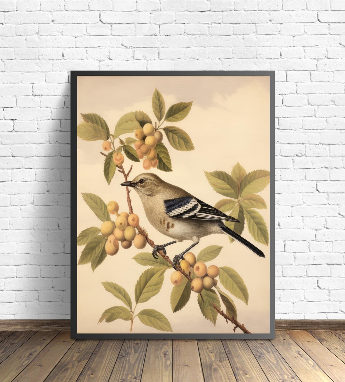 Vintage Mockingbird Botanical Poster with Berries in Retro Style