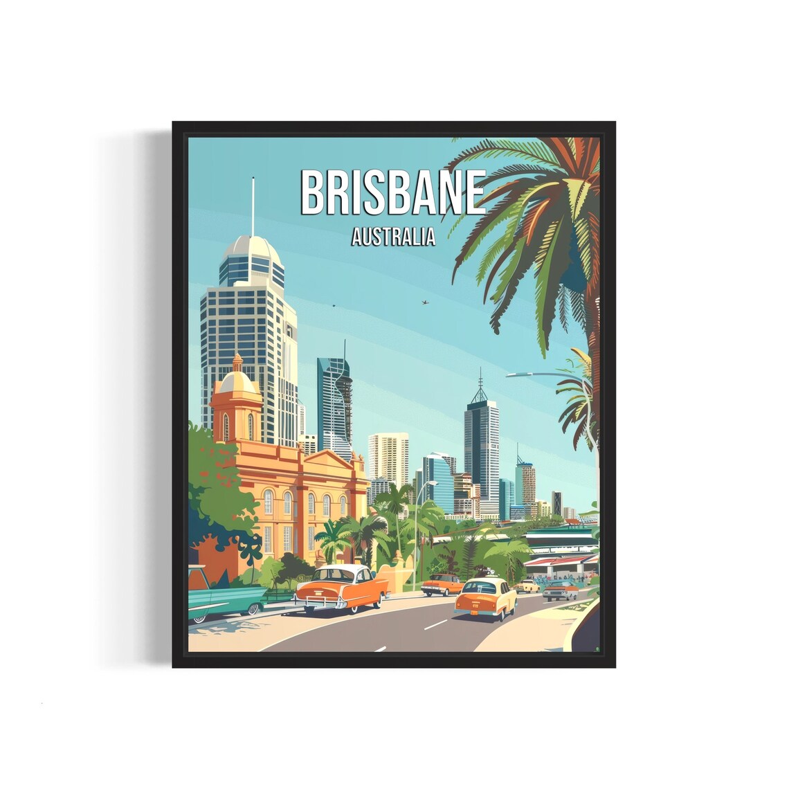 Brisbane Australia Retro Cityscape Classic Cars Skyline Poster