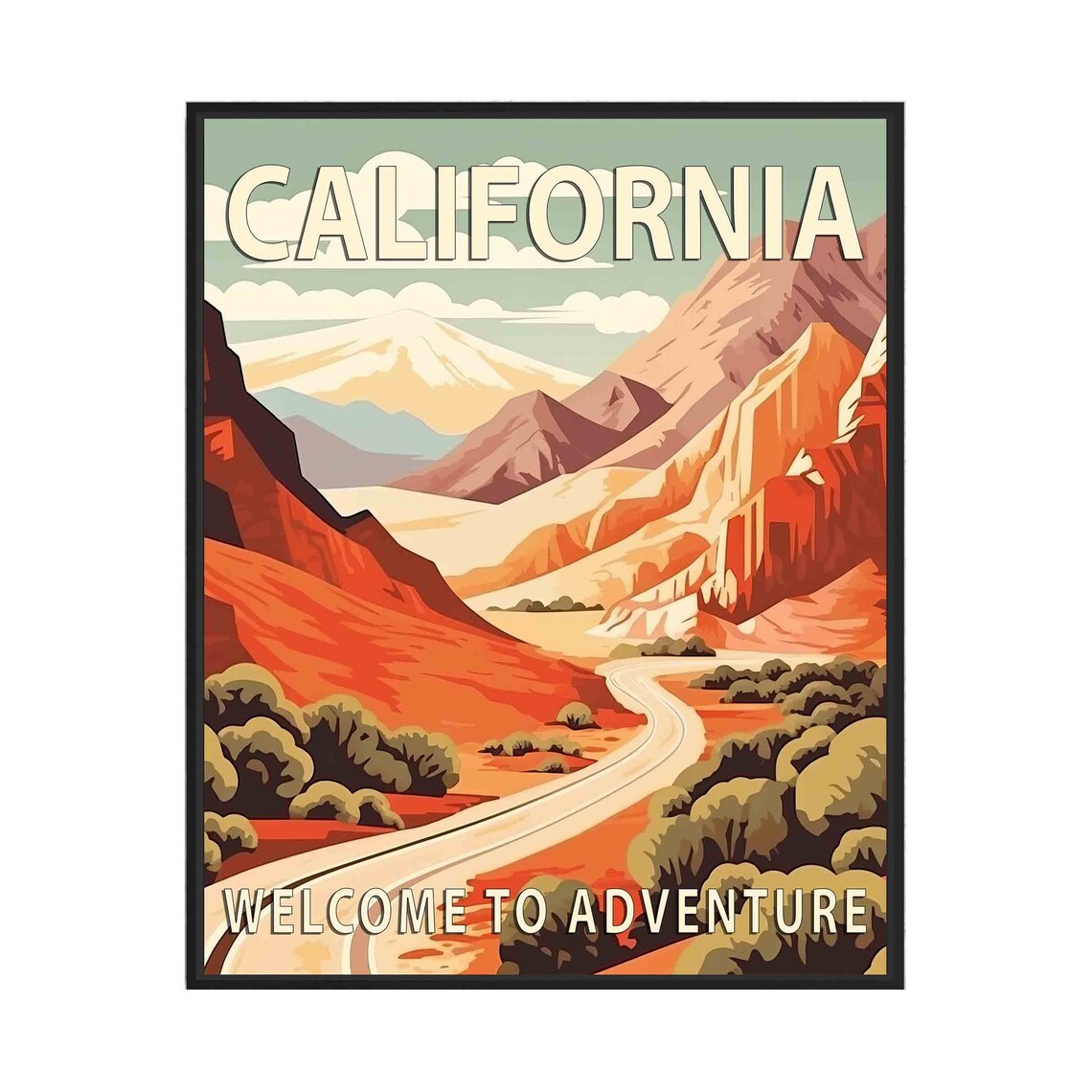 California Desert Canyon Highway Red Rock Vintage Travel Poster