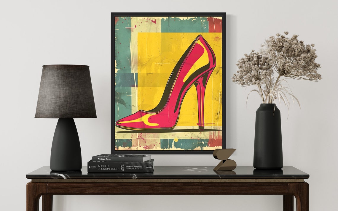Red High Heel Shoe Pop Art Poster on a Bold Yellow Background - Image 3