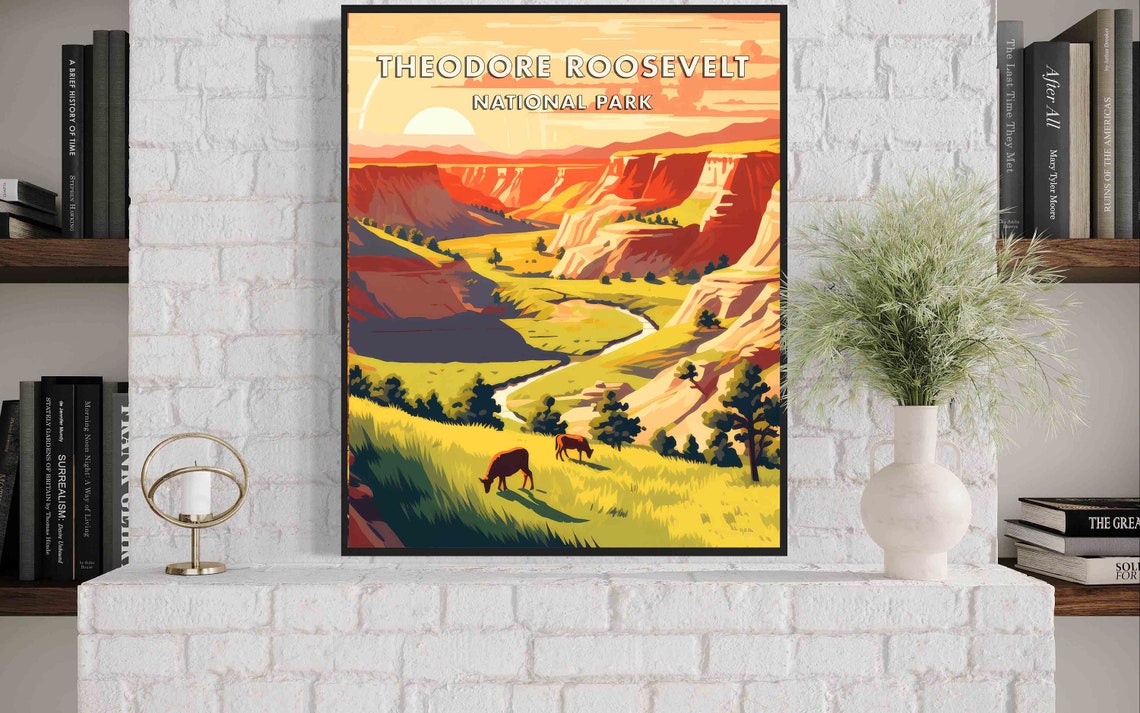 Theodore Roosevelt National Park Bison Badlands Sunset River Poster - Image 3
