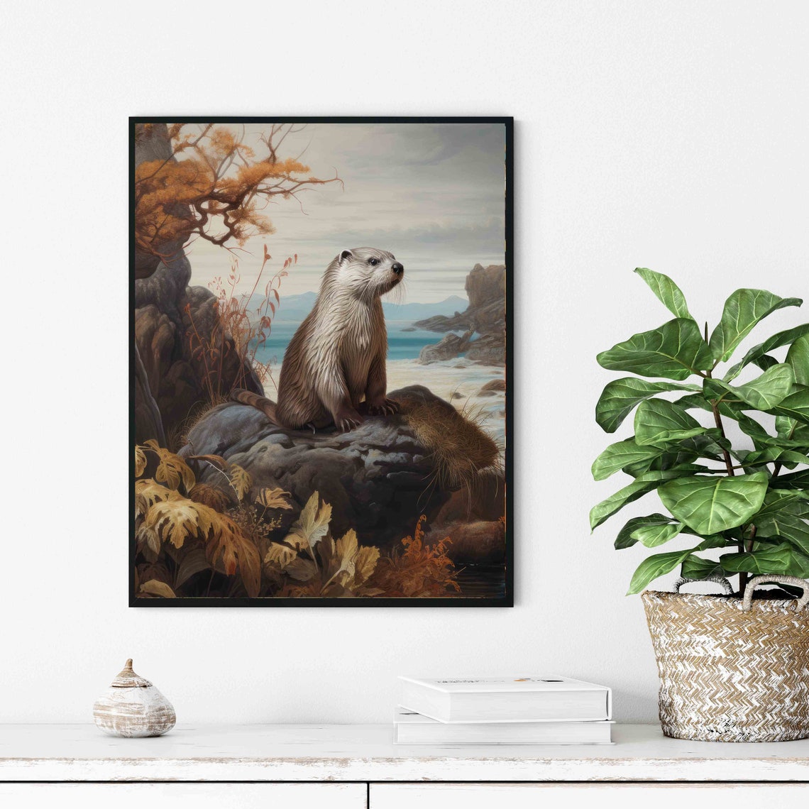 Otter on Coastal Rocks Serene Vintage River Wildlife Art Poster - Image 3