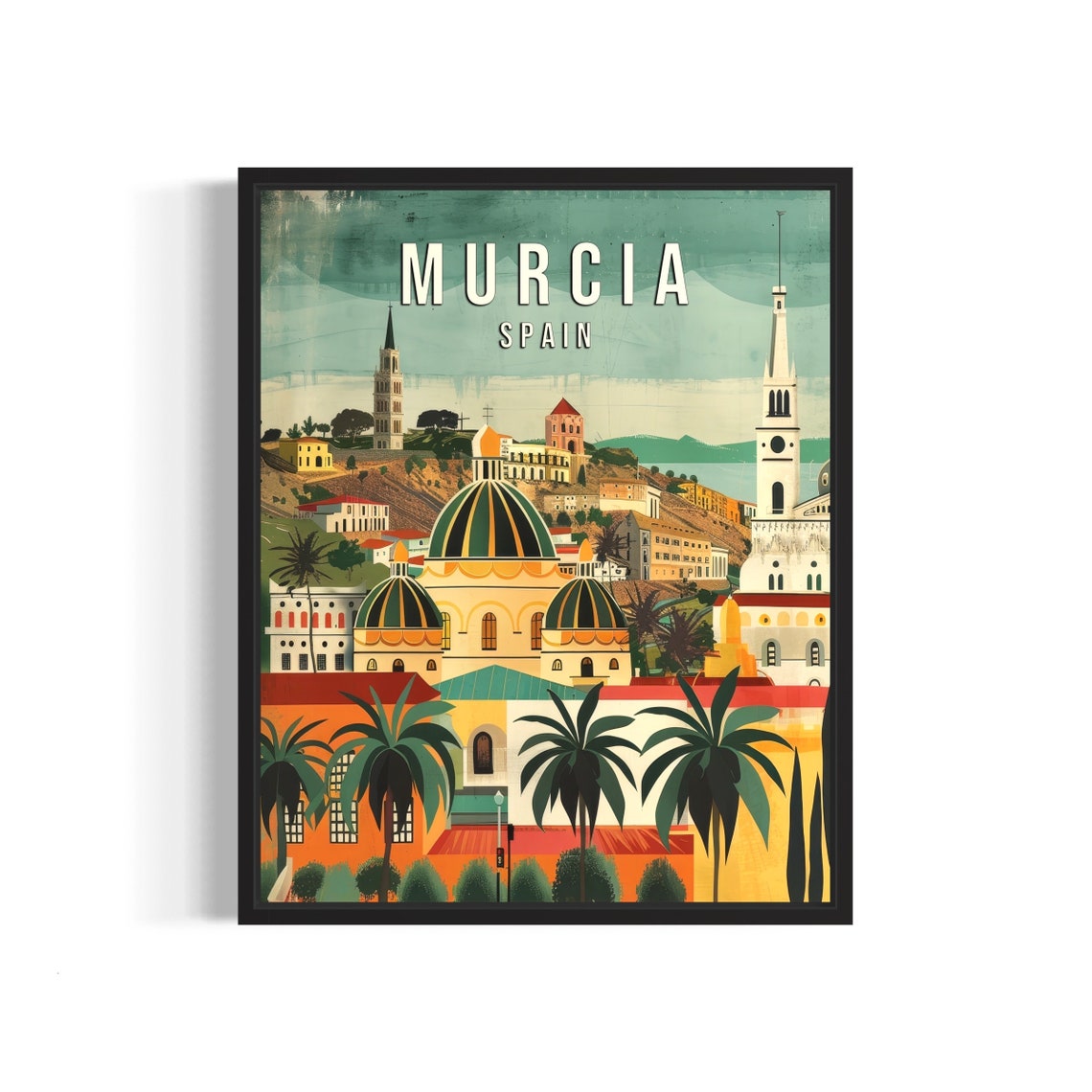 Murcia Spain Cathedral Domes Palm Trees Retro Cityscape Poster