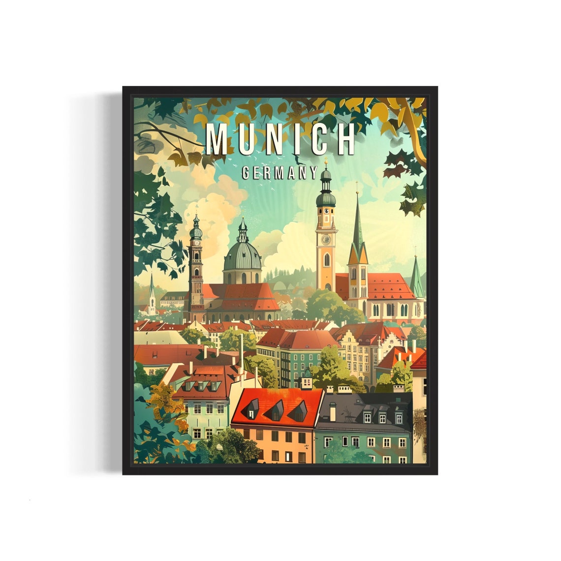 Munich Germany Old Town Churches and Red Rooftops Travel Poster