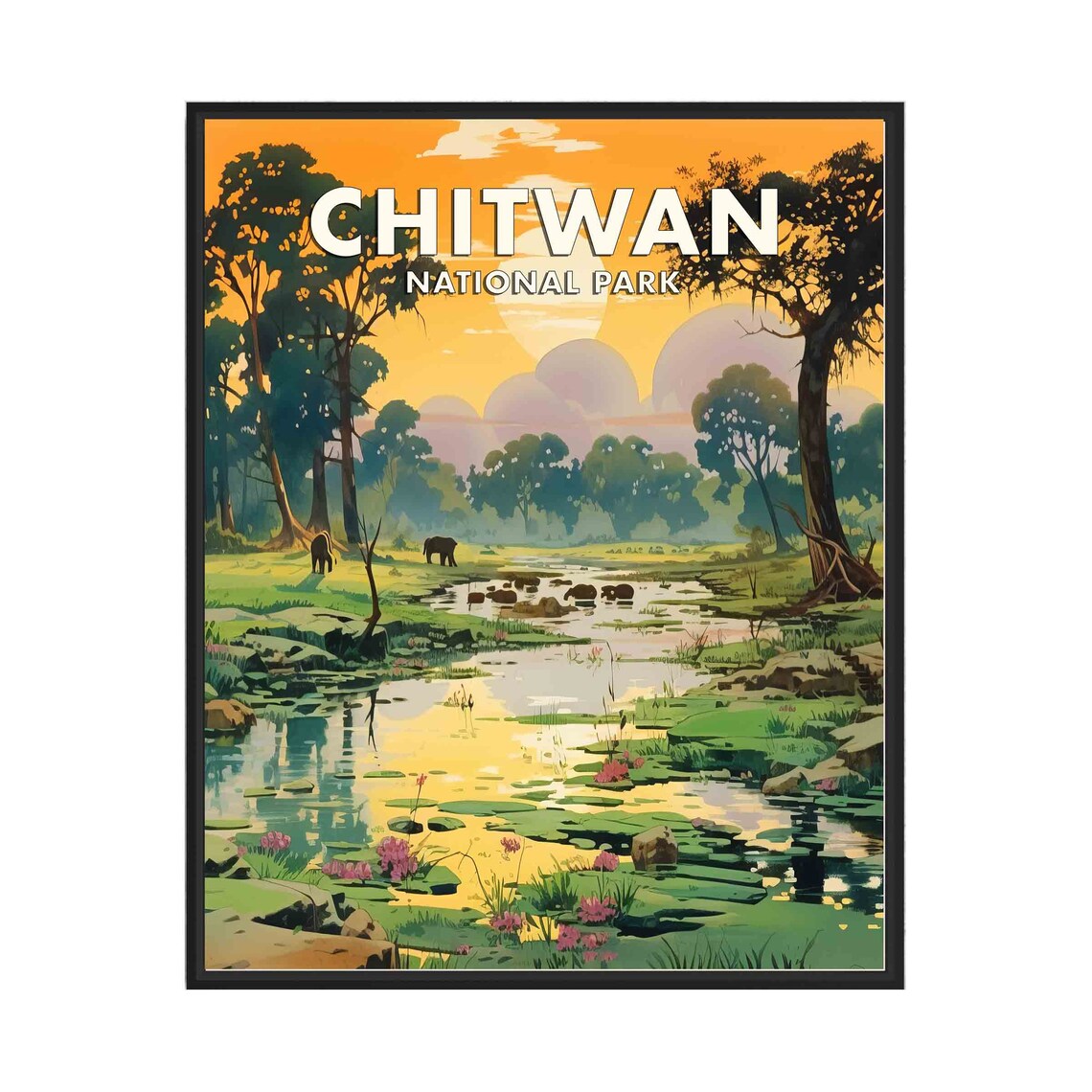 Chitwan National Park Sunset Wetland Wildlife Vintage Travel Poster