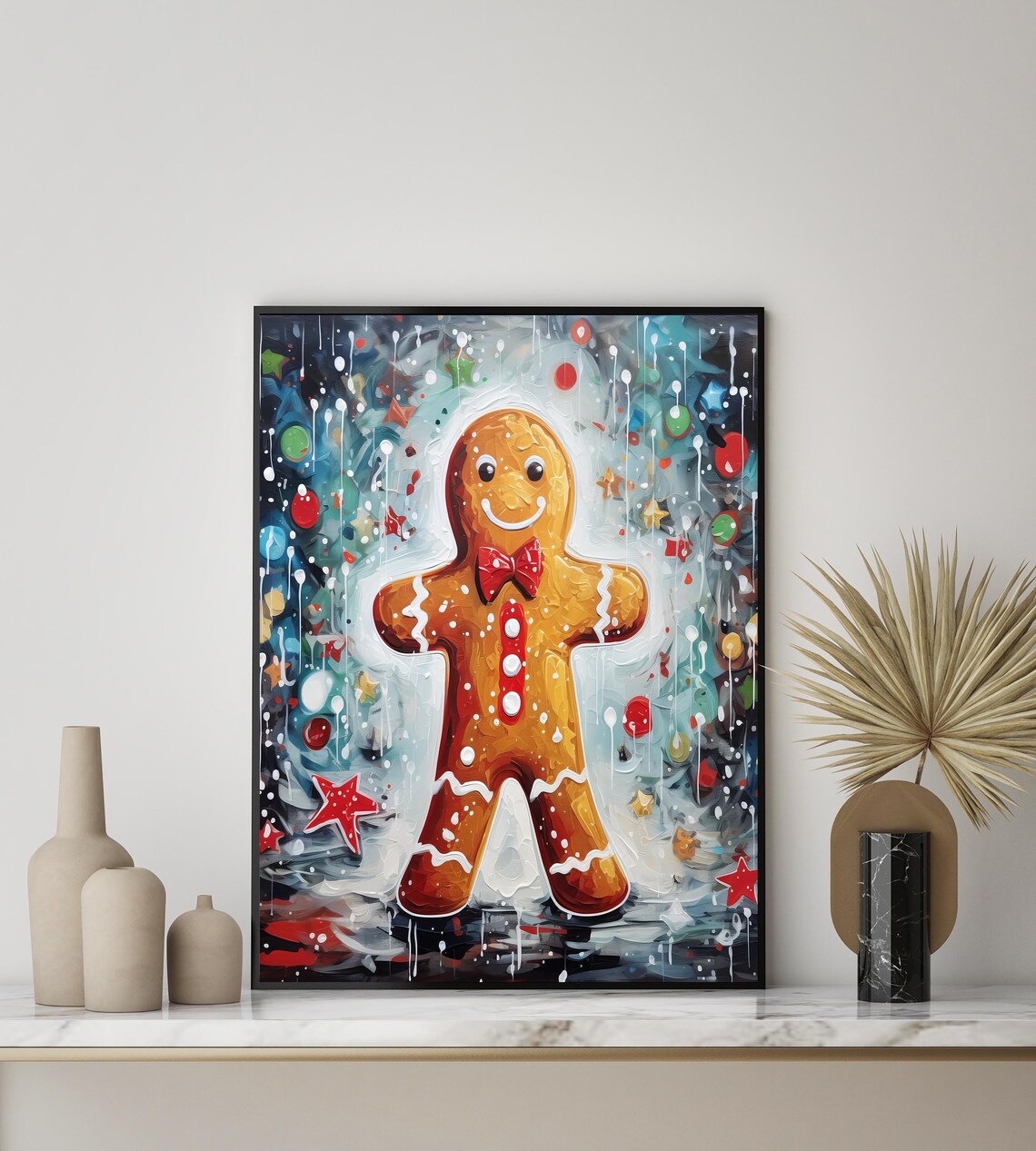 Happy Gingerbread Man Impasto Cookie Painting Festive Christmas Poster - Image 3