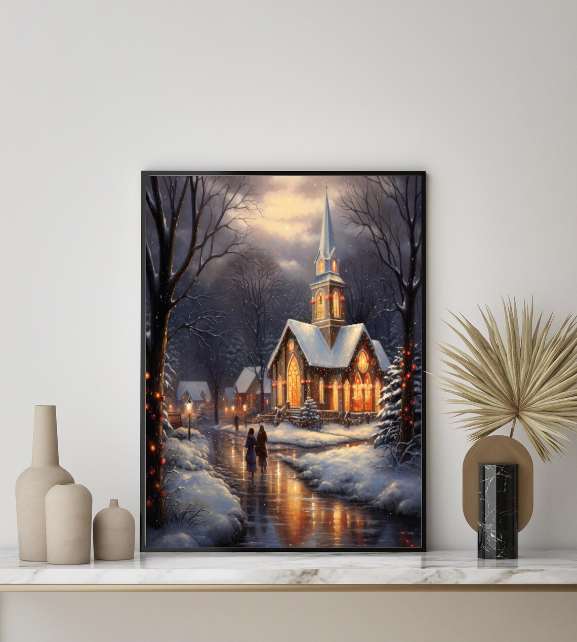Christmas Eve Church Snowy Lantern Path Warm Glowing Lights Poster - Image 3
