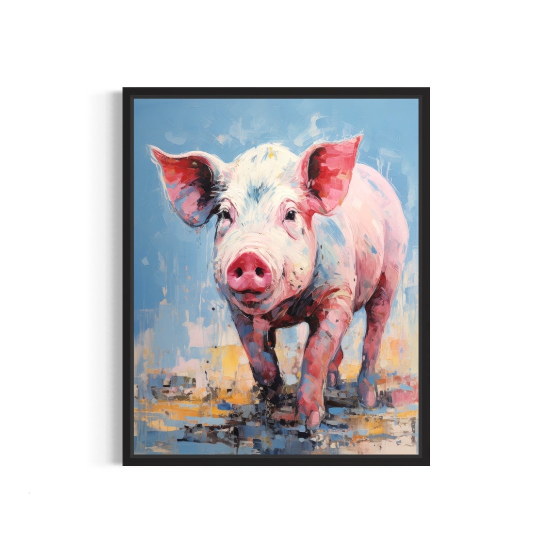 Curious Pink Piglet Trotting Forward Abstract Animal Painting Poster