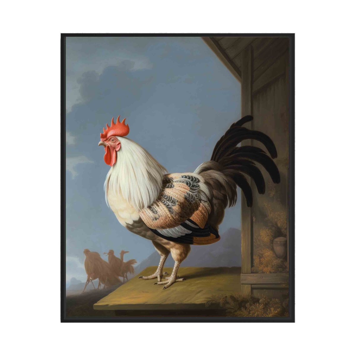 Proud Rooster at Farmyard Striking Vintage Bird Painting Art Poster