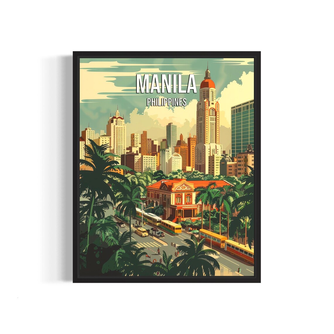 Manila Philippines Vintage Travel Poster Tropical City Street Scene