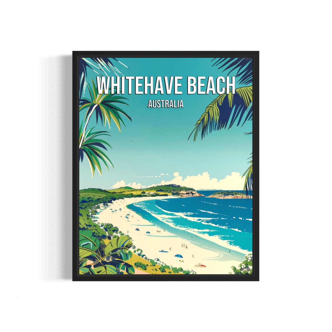 Whitehaven Beach Australia Turquoise Bay Poster with Palm Fronds