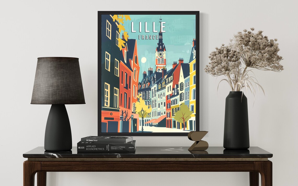 Lille France Old Town Belfry Vintage Street Scene Travel Poster - Image 2