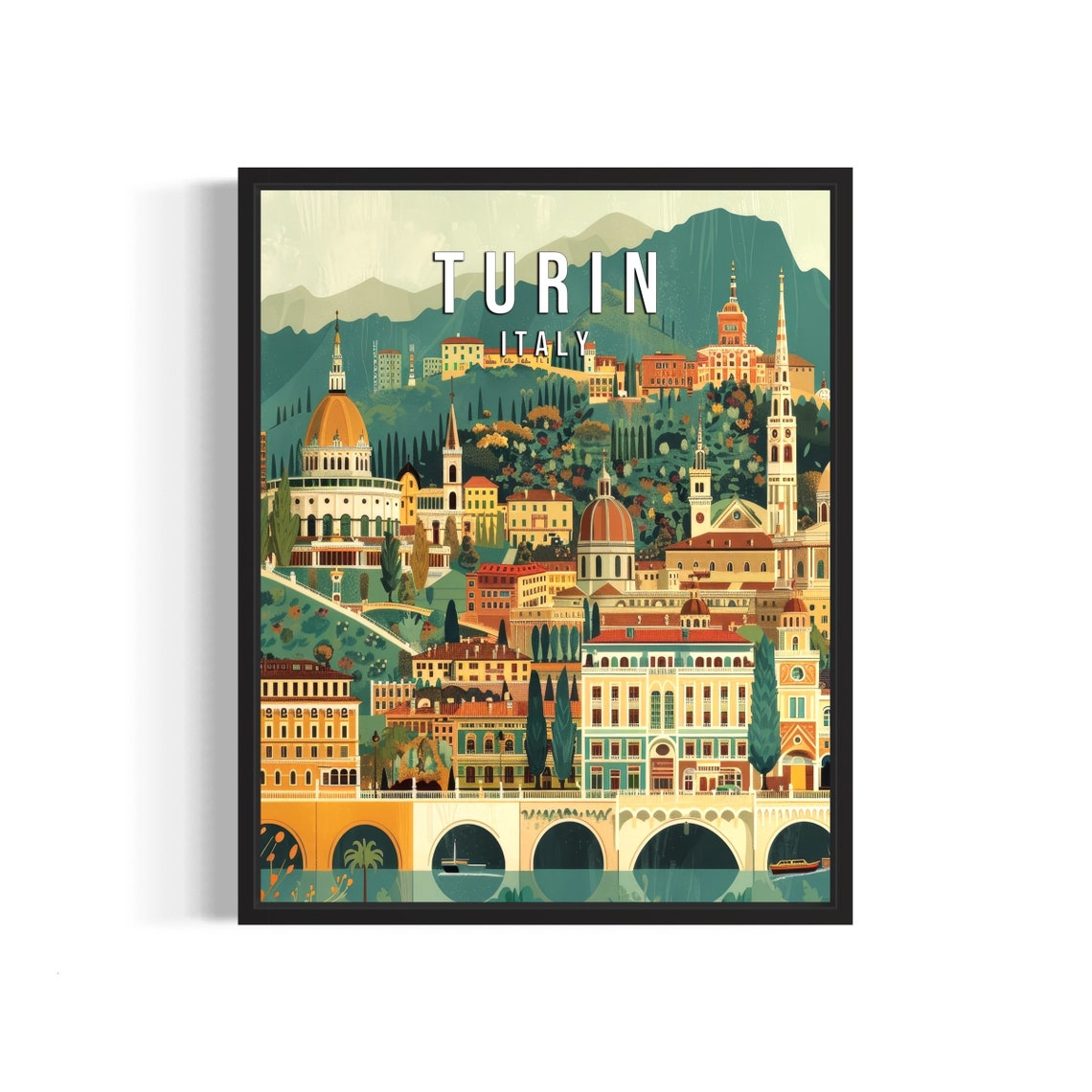 Turin Italy Vintage Cityscape River Bridge and Hillside Poster