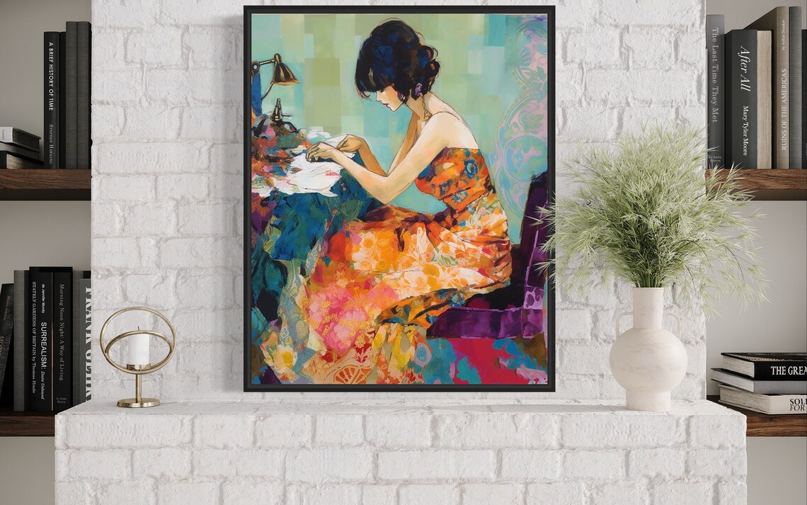 Woman Sewing at Her Table in a Colorful Impressionist Art Poster - Image 3