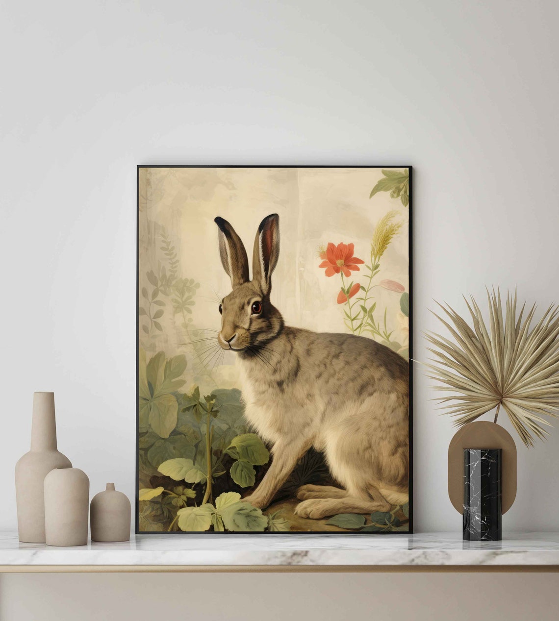 Hare in Wildflower Meadow Delicate Vintage Rabbit Wildlife Poster - Image 2