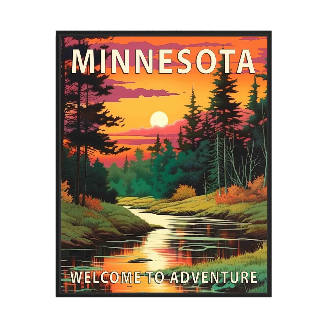 Minnesota Forest Lake Sunset Welcome To Adventure Retro Poster