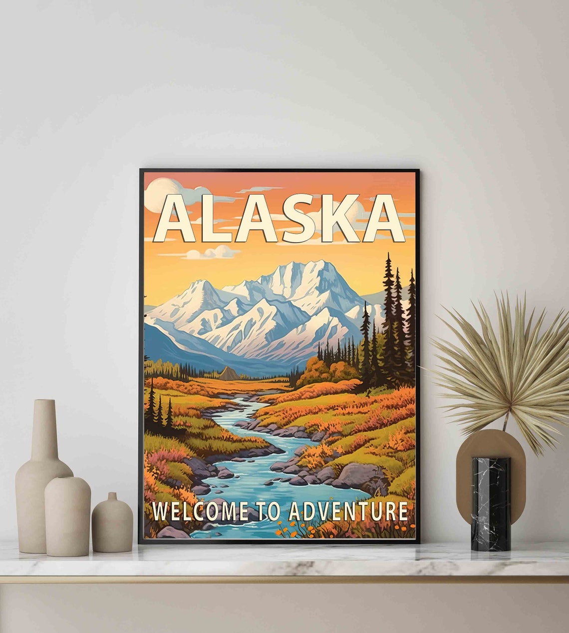 Alaska Welcome to Adventure Retro Mountain River Sunset Poster - Image 3