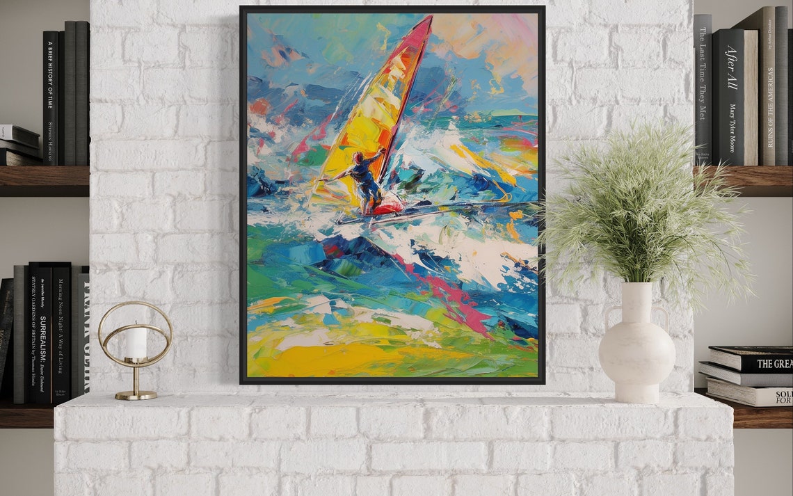Colorful Windsurfer Riding Ocean Waves Abstract Oil Art Poster - Image 3