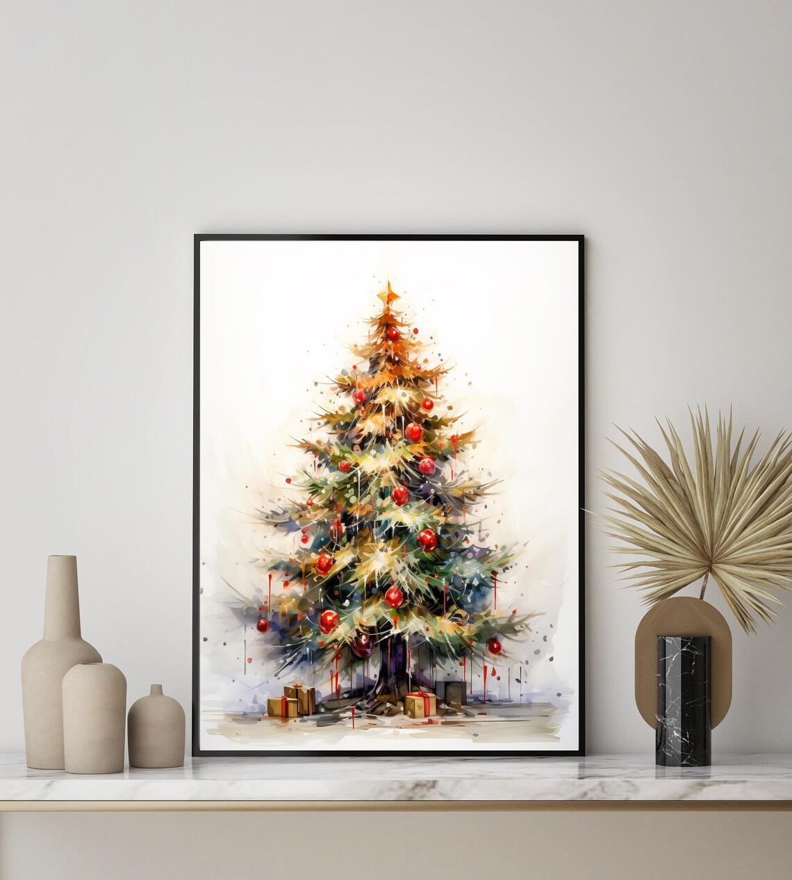 Watercolor Christmas Tree With Red Ornaments Holiday Art Print - Image 3