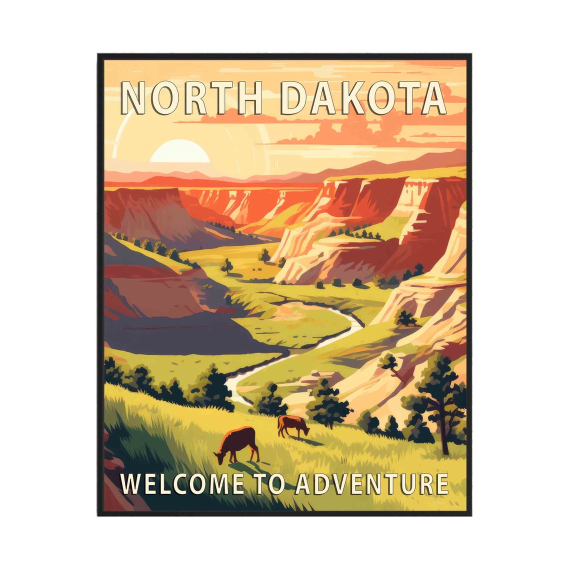 North Dakota Badlands Bison Prairie Valley Adventure Travel Poster