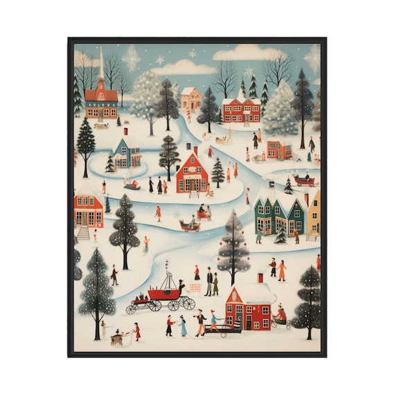 Vintage Snowy Village Sledding Folk Art Holiday Winter Scene Wall Art