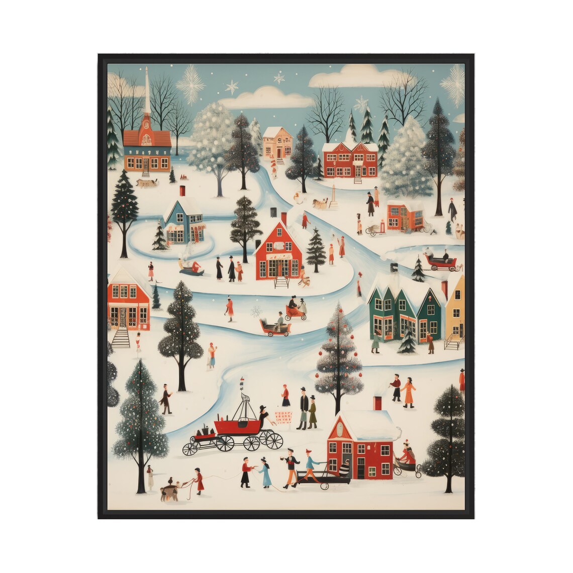 Vintage Snowy Village Sledding Folk Art Holiday Winter Scene Wall Art