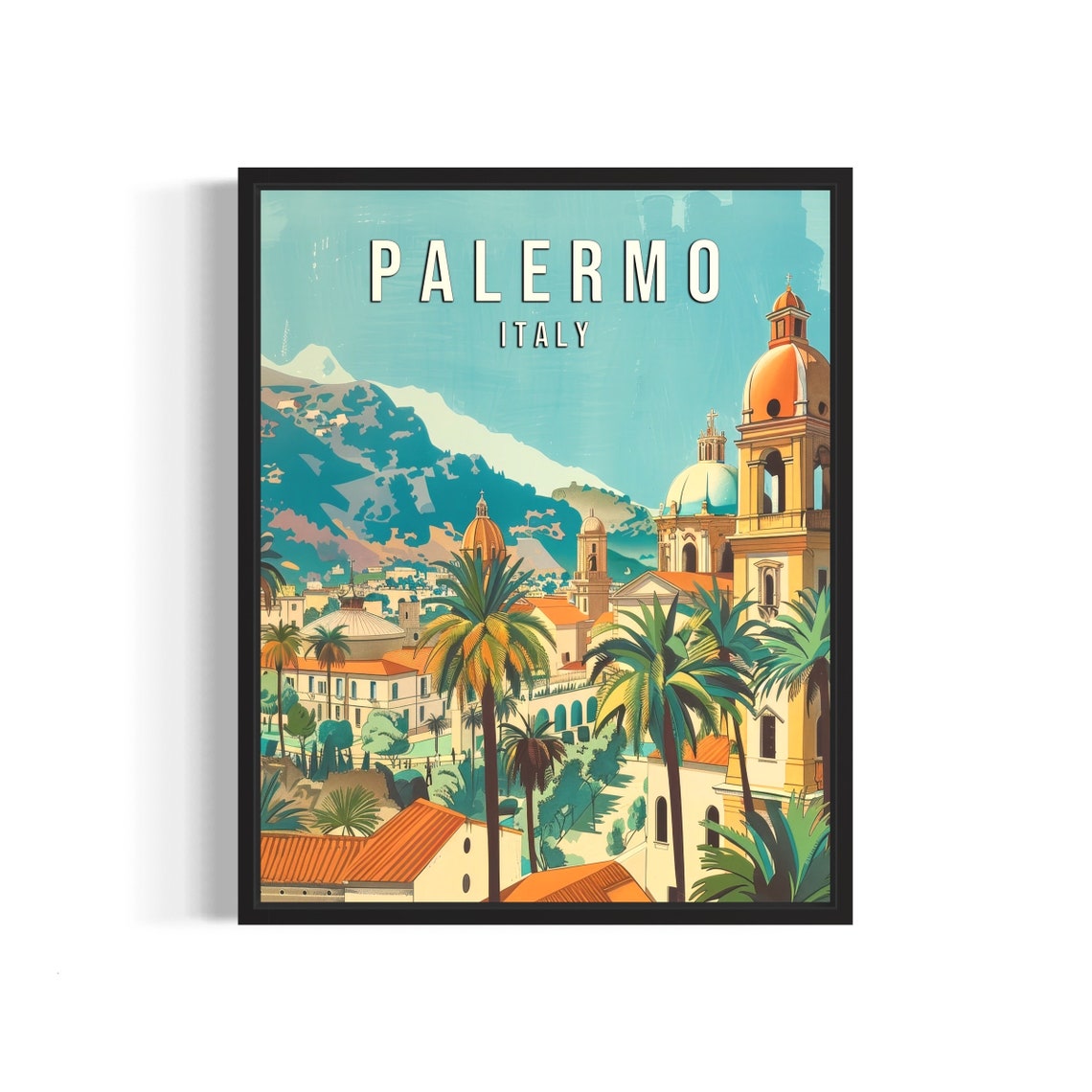 Palermo Italy Cathedral Dome Palm Trees Sicily Retro Travel Poster