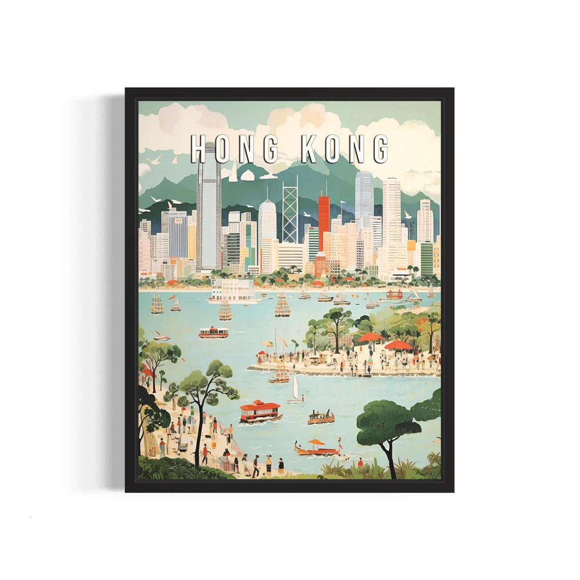 Hong Kong Harbour Retro Skyline Junks And Waterfront Scene Poster