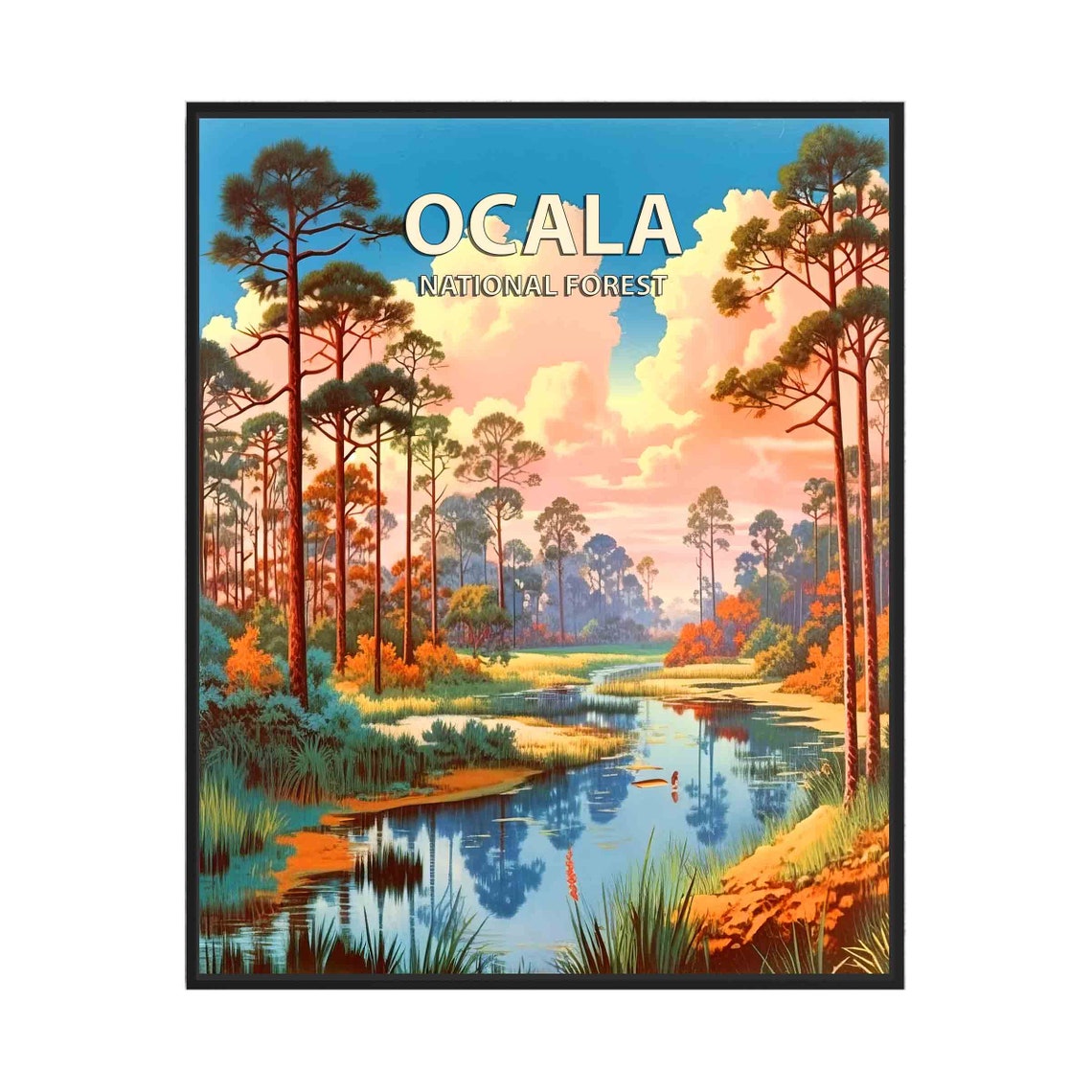 Ocala National Forest Cypress Stream Golden Sky Retro Travel Poster
