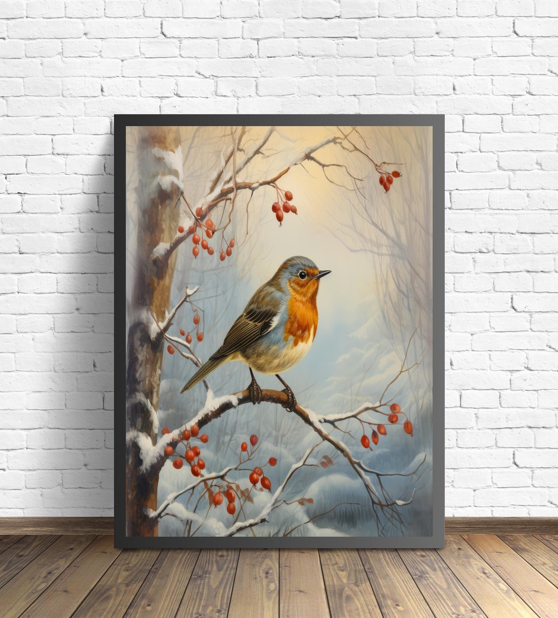 European Robin in a Snowy Winter Scene With Red Berries Bird Poster - Image 2