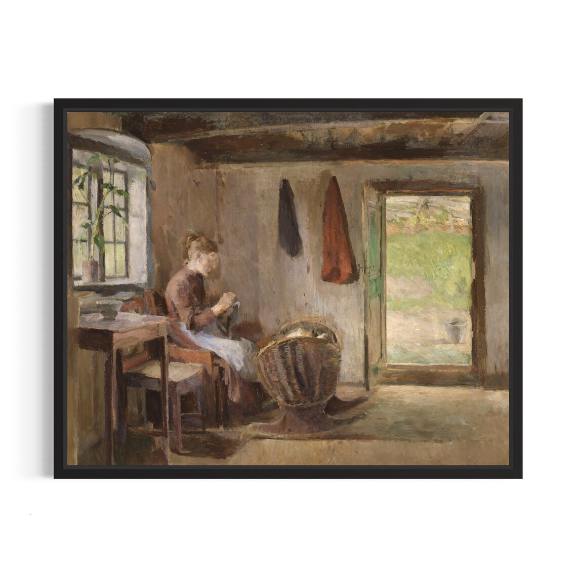 Woman Mending by Cottage Window Vintage Interior Painting Poster