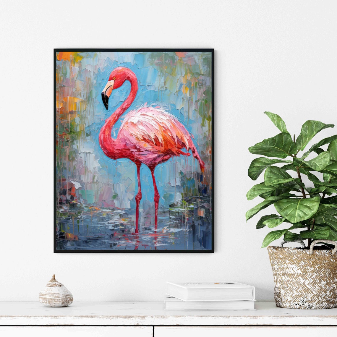 Pink Flamingo Standing in Water Vibrant Impasto Style Art Poster - Image 2