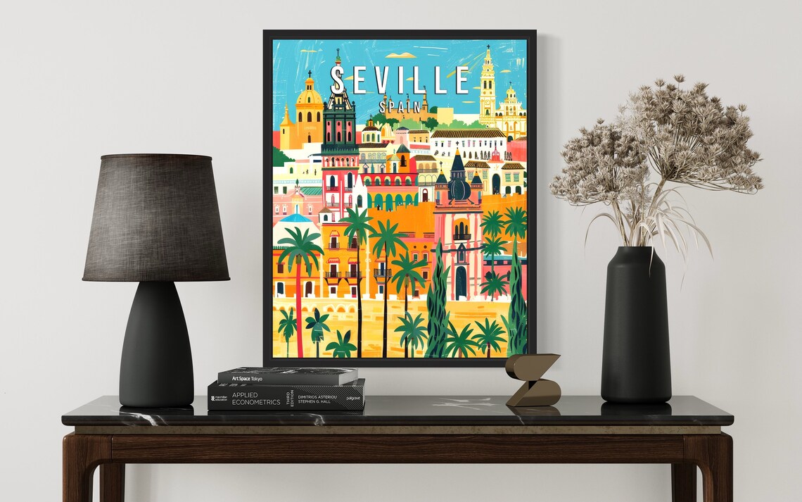 Seville Spain Colorful Old Town Giralda Cathedral Travel Poster - Image 2