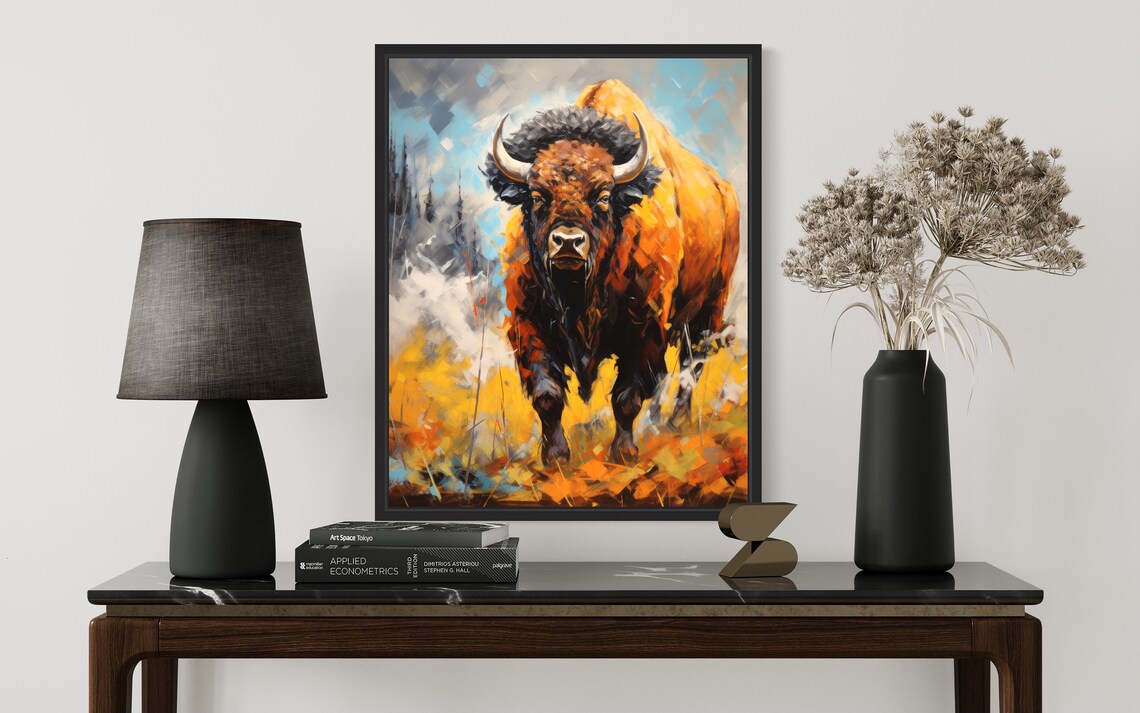 Bison Bull in Autumn Field Bold Expressive Wildlife Painting Poster - Image 2