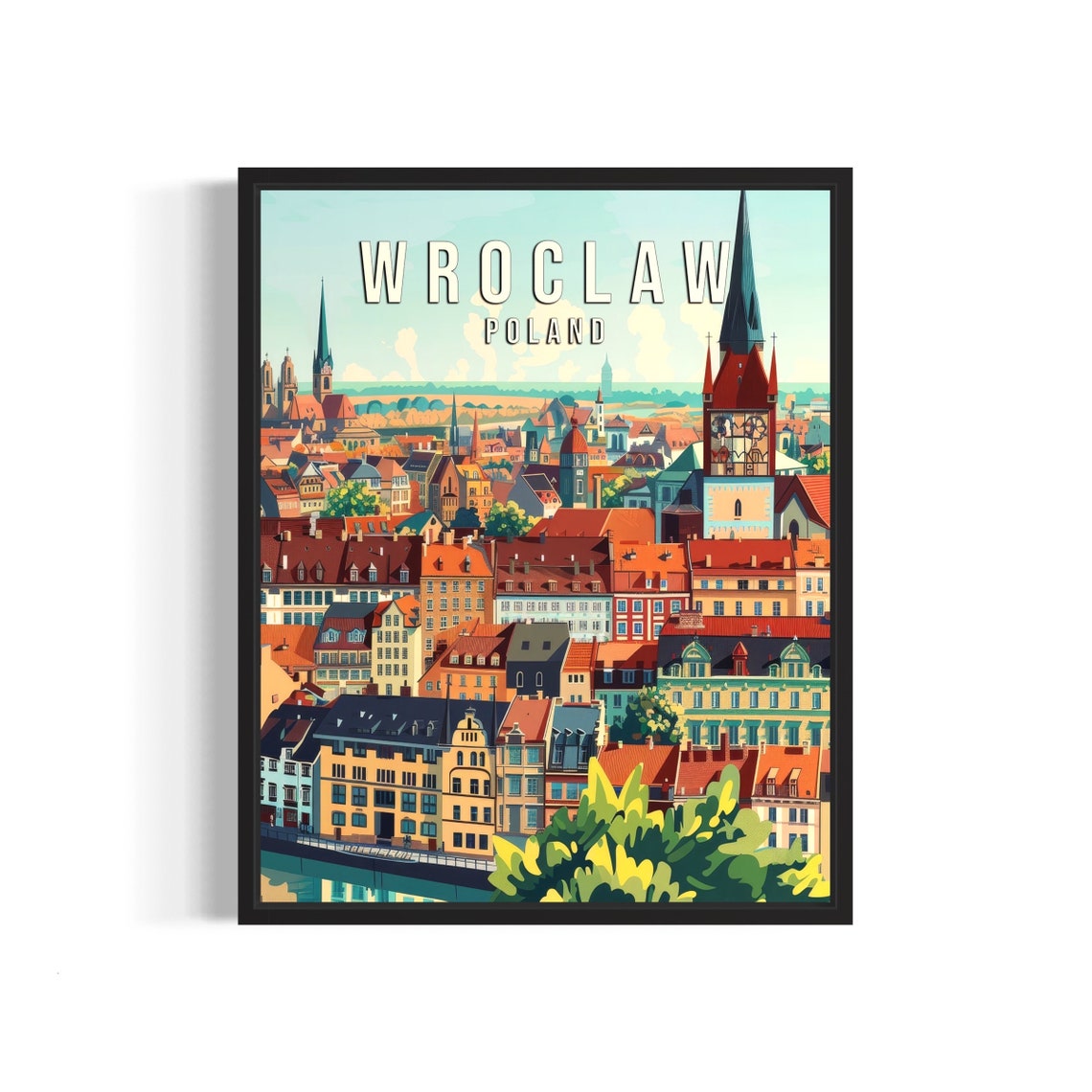 Wroclaw Poland Old Town Colorful Rooftops Retro Travel Poster