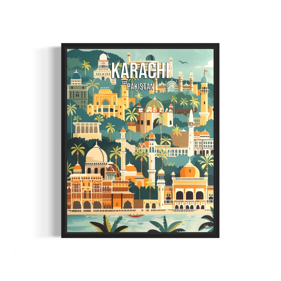 Karachi Pakistan Vintage Cityscape Domes Minarets Retro Poster