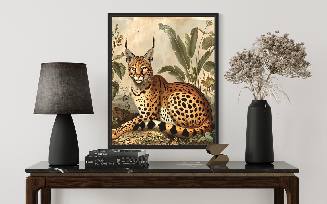 Vintage Serval Wildcat Spotted Coat Jungle Foliage Art Poster - Image 3
