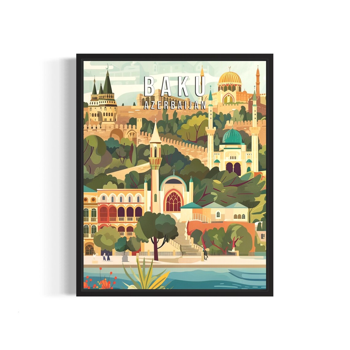 Baku Azerbaijan Old Town Mosques and Minarets Classic Travel Poster