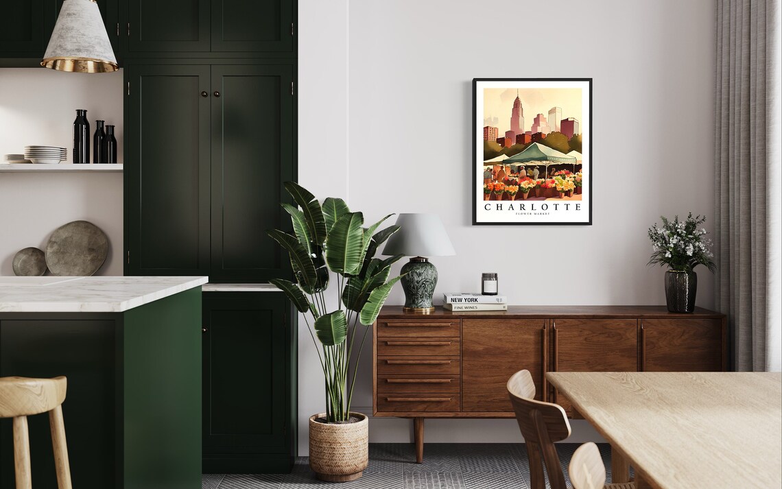 Charlotte Flower Market Watercolor North Carolina Skyline Poster - Image 3